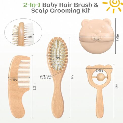 Baby Hair Bush and Comb Set, 5 Pack Wooden Baby Brush with Soft Goat Bristle for Newborns and Toddlers, Perfect for Cradle Cap, Baby Registry Gift, Infant Essentials Care Kit in Kuwait