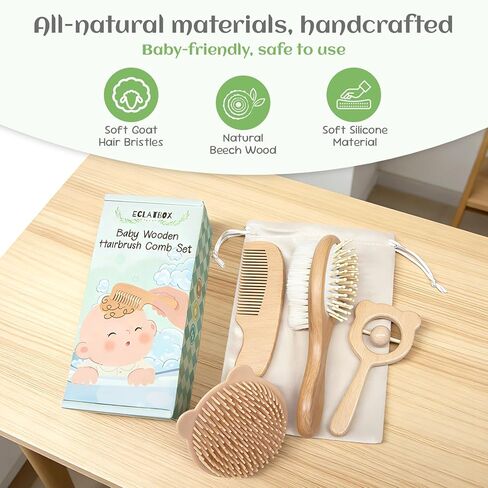 Baby Hair Bush and Comb Set, 5 Pack Wooden Baby Brush with Soft Goat Bristle for Newborns and Toddlers, Perfect for Cradle Cap, Baby Registry Gift, Infant Essentials Care Kit in Kuwait