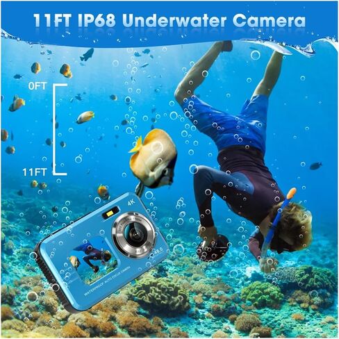 4K Underwater Camera 11FT Waterproof with 64GB Card 48MP Autofocus Dual-Screen Selfie for Snorkeling in Kuwait