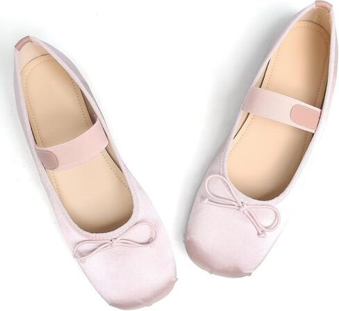 LUXINYU Women's Satin Mary Jane Ballet Flats Square Toe Bow Knot Elastic Strap Slip On Ballerina Shoes Comfort Soft Sole Casual Dress in Kuwait