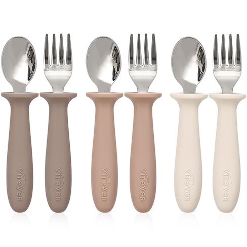 VITEVER 6 Pieces Toddler Utensils, Kids Silverware Set with Silicone Handle, Children Safe Spoons and Forks, 18/8 Stainless Steel, Food-grade Silicone - Dishwasher Safe in Kuwait