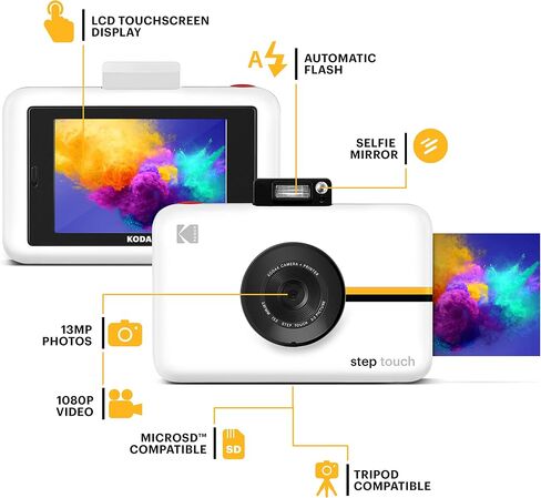 Zink Kodak Step Touch | 13MP Digital Camera & Instant Printer with 3.5" LCD Touchscreen Display, 1080p HD Video (White) Starter Bundle in Kuwait