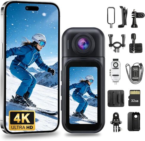 Mini Body Camera 4K with Charging Case, Wearable Thumb Action Camera, 32GB | 180 Rotatable, Magnetic Pendant, 1.97'' Display Vlogging Camera, Waterproof POV Cam, Pocket Camera for Travel/Sports/Vlogging in Kuwait