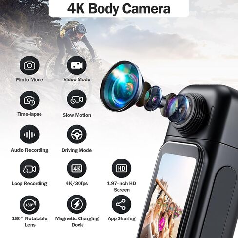 Mini Body Camera 4K with Charging Case, Wearable Thumb Action Camera, 32GB | 180 Rotatable, Magnetic Pendant, 1.97'' Display Vlogging Camera, Waterproof POV Cam, Pocket Camera for Travel/Sports/Vlogging in Kuwait