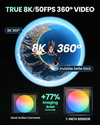 Xtra 360 Camera, 8K Panoramic Video, 1-Inch Sensor Equivalent, 100MP High Resolution, Waterproof Action Camera, 105GB Built-in Storage, Bullet Time, Broad Compatibility, Vlog | True 8k/30fps 360 Degre in Kuwait