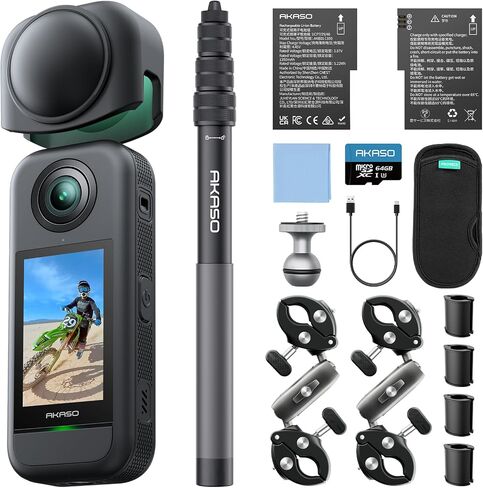 AKASO 360 Action Camera Motorcycle Combo- 5.7K 360 Video with 1/2" 48MP Sensors, 72MP 360 Photo, 360-SuperSmooth, Invisible Selfie Stick, 360° Horizon Lock, AI Tracking with 128GB MicroSD Card in Kuwait