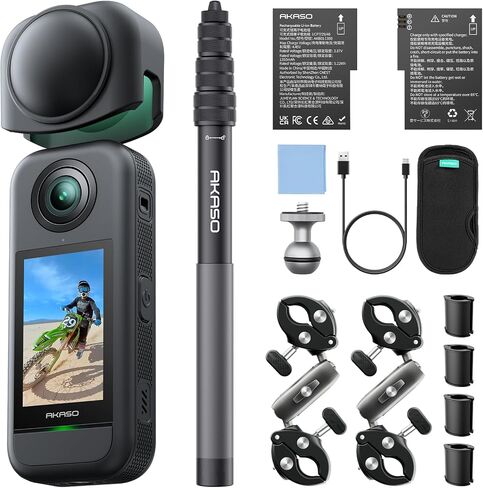 AKASO 360 Action Camera Motorcycle Combo- 5.7K 360 Video with 1/2" 48MP Sensors, 72MP 360 Photo, 360-SuperSmooth, Invisible Selfie Stick, 360° Horizon Lock, AI Tracking with 128GB MicroSD Card in Kuwait