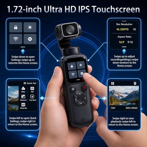 Pocket Vlogging Camera for YouTube, Handheld Gimbal Blogging Cam | 330° Rotating Lens & Face Tracking, 4k Video & 75mp Photos, Wifi Sharing & Webcam Function, 1.72" Touch Screen for Beginner in Kuwait