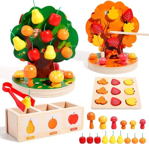 INIFEIDALA Montessori Toys for 3 4 5 6 Year Old - Fine Motor Skills Toy | Wooden Educational Toy for Toddlers,Magnetic Apple Picking Tree & Shape Sorter Puzzle,Hand-Eye Coordination-Color Recognition in Kuwait