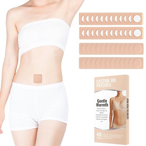 48PCS Castor Oil Patches, Castor Oil Pack Wrap, Belly Button Patch | Organic Cotton, Breathable & Self-Adhesive Pads, Anti Leakage, No Wash, Portable, Without Castor Oil, Beige in Kuwait