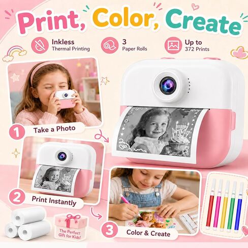 Kids Camera Instant Print Camera for Kids Ages 3-12, Christmas Birthday Gifts for Girls Boys, 1080P Dual Lens Selfie Digital Camera with 32GB Card, Portable Toy for 3 4 5 6 7 8 9 10 Year Old in Kuwait