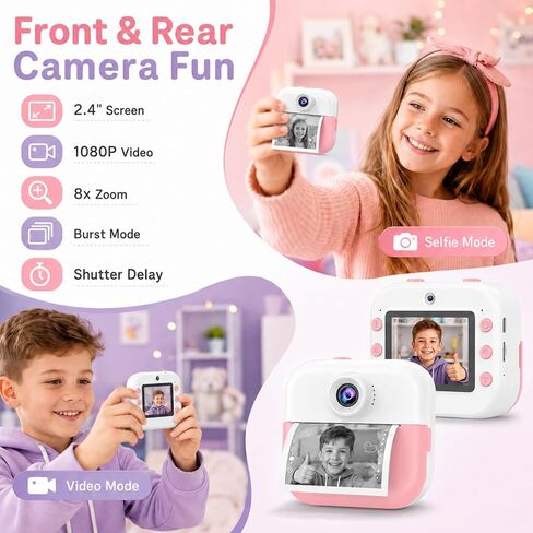 Kids Camera Instant Print Camera for Kids Ages 3-12, Christmas Birthday Gifts for Girls Boys, 1080P Dual Lens Selfie Digital Camera with 32GB Card, Portable Toy for 3 4 5 6 7 8 9 10 Year Old in Kuwait