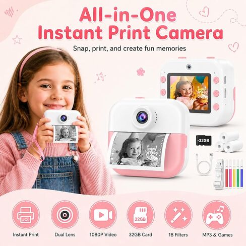 Kids Camera Instant Print Camera for Kids Ages 3-12, Christmas Birthday Gifts for Girls Boys, 1080P Dual Lens Selfie Digital Camera with 32GB Card, Portable Toy for 3 4 5 6 7 8 9 10 Year Old in Kuwait