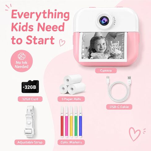 Kids Camera Instant Print Camera for Kids Ages 3-12, Christmas Birthday Gifts for Girls Boys, 1080P Dual Lens Selfie Digital Camera with 32GB Card, Portable Toy for 3 4 5 6 7 8 9 10 Year Old in Kuwait