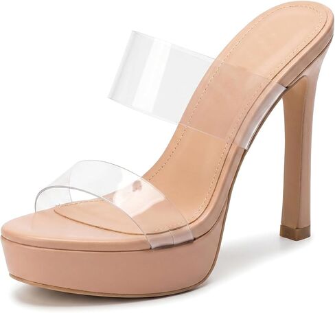 Women's Transparent Two Strap Stiletto Sandals Round Open Toe 4.33IN Low Platform High Heels Backless Clear Dress Mules Slides for Party Wedding Vacation Dating in Kuwait