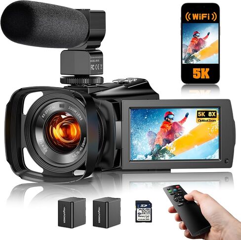 5K Video Camera Camcorder 8X Opitical Zoom Live Streaming Cameras 64MP Vlogging Camera for YouTube with Full-Color Night Vision, WiFi 3.6'' 270° IPS Touchscreen 32GB Card Autofocus Video Recorder in Kuwait