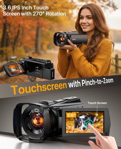 5K Video Camera Camcorder 8X Opitical Zoom Live Streaming Cameras 64MP Vlogging Camera for YouTube with Full-Color Night Vision, WiFi 3.6'' 270° IPS Touchscreen 32GB Card Autofocus Video Recorder in Kuwait