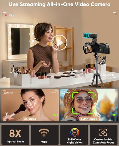 5K Video Camera Camcorder 8X Opitical Zoom Live Streaming Cameras 64MP Vlogging Camera for YouTube with Full-Color Night Vision, WiFi 3.6'' 270° IPS Touchscreen 32GB Card Autofocus Video Recorder in Kuwait