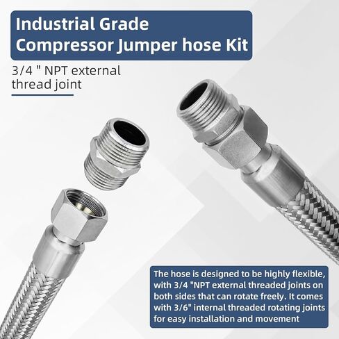 3/4" NPT Air Compressor Jumper Hose 20"length Stainless Steel Braided Hose | 450 PSI 750°F Compatible with pneumatic tools & air systems Two 3/4" Male Adapters Both Sides Fittings Rotate Freely in Kuwait