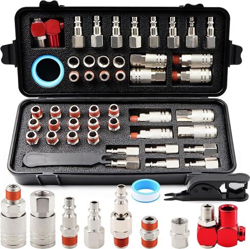 48 Pcs 1/4" NPT Quick Connect Air Fittings Kit – Air Coupler & Plug Set with 360° Swivel, Nickel-Plated, Pre-Applied Sealant, Includes 28 Plugs & 8 Couplers for Air Compressor, Pneumatic Tools & Hose in Kuwait