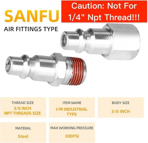 SANFU 3/8’’ Sealed Pre-Coated Air Hose Quick Connect Fittings, High Flow 3PCS Air Coupler and 6PCS Air Plug With 3/8 Inch NPT Threads, I/M Type 10PCS Kits, Leak-Free in Saudi Arabia