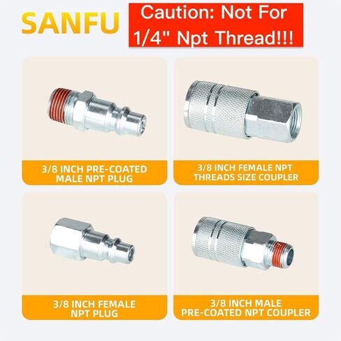 SANFU 3/8’’ Sealed Pre-Coated Air Hose Quick Connect Fittings, High Flow 3PCS Air Coupler and 6PCS Air Plug With 3/8 Inch NPT Threads, I/M Type 10PCS Kits, Leak-Free in Saudi Arabia