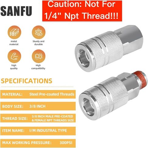 SANFU 3/8’’ Sealed Pre-Coated Air Hose Quick Connect Fittings, High Flow 3PCS Air Coupler and 6PCS Air Plug With 3/8 Inch NPT Threads, I/M Type 10PCS Kits, Leak-Free in Saudi Arabia