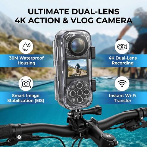4K Underwater Camera 30M Water Proof, Dual Lens WiFi Vlog Camera with 1.53 Inch Screen, Helmet Bike Mount for Cycling Travel in Kuwait