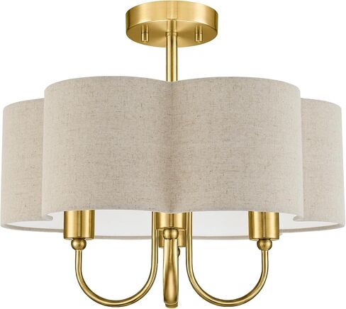 13.5'' Gold Semi Flush Mount Ceiling Light with Linen Fabric Shade | 4-Light drum ceiling light with fabric shade in quatrefoil for bedroom hallway nursery entryway, E12 Base, SM179-BG-A-4A in Kuwait