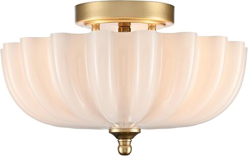 DIRYZON Modern Gold Flush Mount Ceiling Light with Milky Glass Shade | 3-Light Vintage Brass Ceiling Light, Flower Frosted Glass Ceiling Lamp for Kitchen Bedroom Hallway Entryway Nursery in Kuwait
