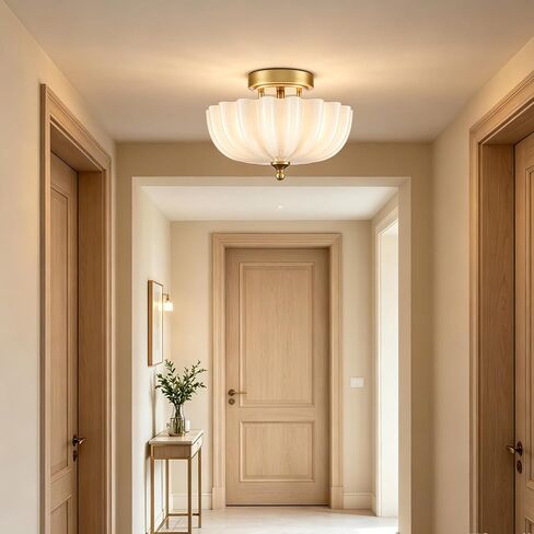 DIRYZON Modern Gold Flush Mount Ceiling Light with Milky Glass Shade | 3-Light Vintage Brass Ceiling Light, Flower Frosted Glass Ceiling Lamp for Kitchen Bedroom Hallway Entryway Nursery in Kuwait