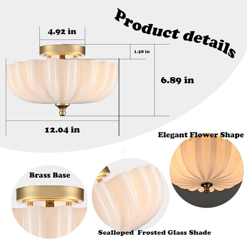 DIRYZON Modern Gold Flush Mount Ceiling Light with Milky Glass Shade | 3-Light Vintage Brass Ceiling Light, Flower Frosted Glass Ceiling Lamp for Kitchen Bedroom Hallway Entryway Nursery in Kuwait