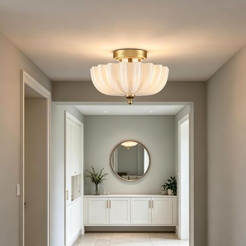 DIRYZON Modern Gold Flush Mount Ceiling Light with Milky Glass Shade | 3-Light Vintage Brass Ceiling Light, Flower Frosted Glass Ceiling Lamp for Kitchen Bedroom Hallway Entryway Nursery in Kuwait