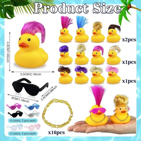 HAVAGDTM 16 Set Mini Duck Toys with Wig Necklace and Sunglasses Cute Mini Duck Figurines for Kids Teens Birthday Baby Shower Party Favors Classroom Prizes and Party Decorations in Kuwait