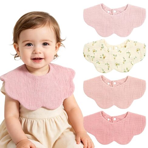 Muslin Baby Bibs, 4 Pack Bibs for Baby Girl, Adjustable 100% Cotton Soft Drool Bibs for Toddlers, Newborn Baby Girl Bib for Drooling and Teething in Kuwait