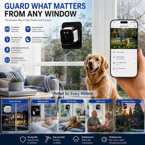 Window Camera 3MP 2K Indoor for Home Security, Color Night Vision - 2Pack | No Drilling See Outside from Inside Through Glass, 2.4GHz & 5GHz WiFi, AI Person Detection, Anti-Reflection Design in Kuwait