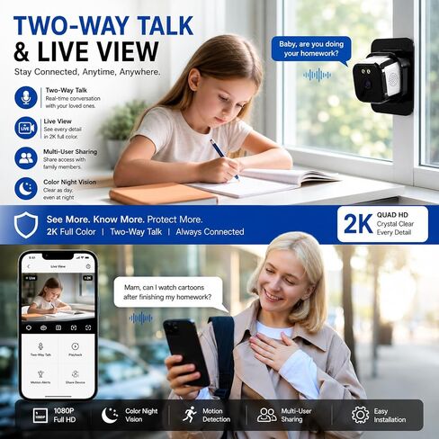 Window Camera 3MP 2K Indoor for Home Security, Color Night Vision - 2Pack | No Drilling See Outside from Inside Through Glass, 2.4GHz & 5GHz WiFi, AI Person Detection, Anti-Reflection Design in Kuwait
