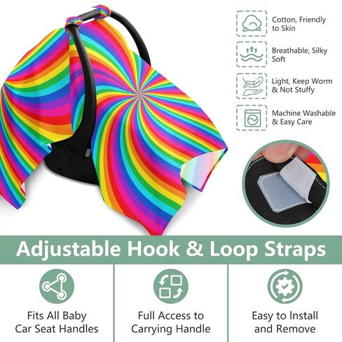Twisting Rainbow Pattern Baby Car Seat Cover Infant Carseat Canopy | Muslin-like Cotton Blend, Breathable, Multi-use, Newborn Essentials Must Haves, Fits Most Strollers, for Babies Boys Girls in Kuwait
