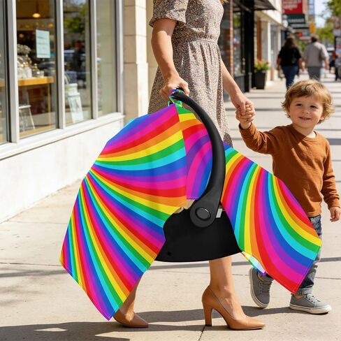 Twisting Rainbow Pattern Baby Car Seat Cover Infant Carseat Canopy | Muslin-like Cotton Blend, Breathable, Multi-use, Newborn Essentials Must Haves, Fits Most Strollers, for Babies Boys Girls in Kuwait