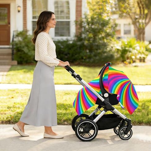 Twisting Rainbow Pattern Baby Car Seat Cover Infant Carseat Canopy | Muslin-like Cotton Blend, Breathable, Multi-use, Newborn Essentials Must Haves, Fits Most Strollers, for Babies Boys Girls in Kuwait