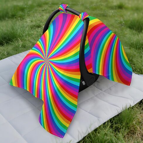 Twisting Rainbow Pattern Baby Car Seat Cover Infant Carseat Canopy | Muslin-like Cotton Blend, Breathable, Multi-use, Newborn Essentials Must Haves, Fits Most Strollers, for Babies Boys Girls in Kuwait