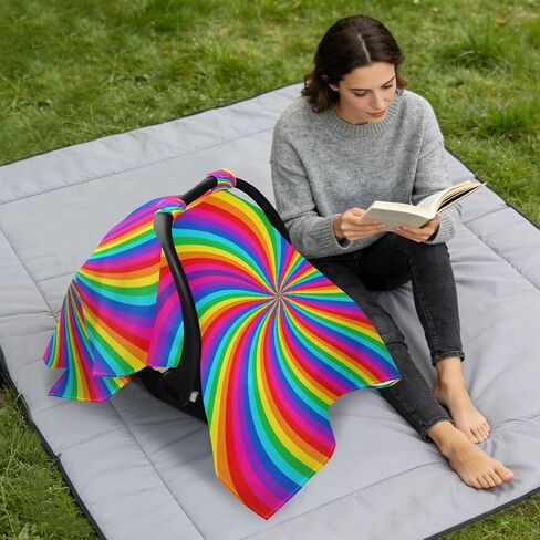 Twisting Rainbow Pattern Baby Car Seat Cover Infant Carseat Canopy | Muslin-like Cotton Blend, Breathable, Multi-use, Newborn Essentials Must Haves, Fits Most Strollers, for Babies Boys Girls in Kuwait