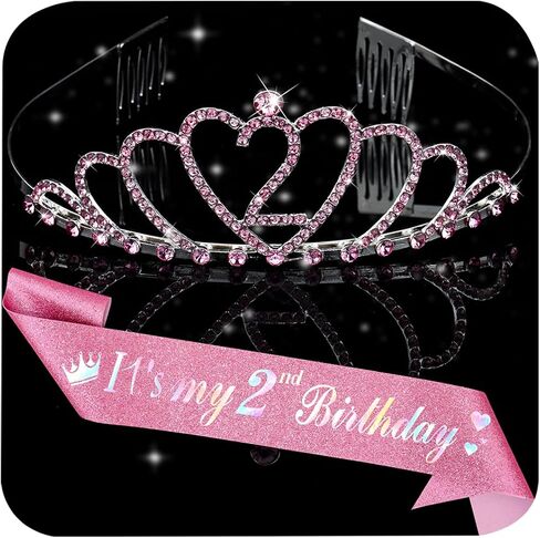 CUBACO 2nd Birthday Girl Crown and Sash, 2 year old girl birthday gift 2nd Decorations for Girls 2 Year Old Girl Gifts Outfit Suitable for Party Favors Decorations in Kuwait