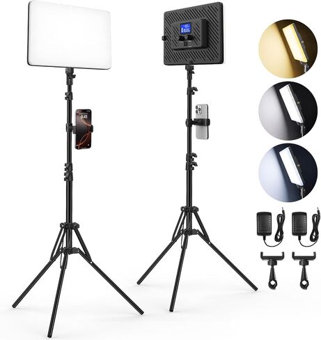 Led Video Light Panel Lighting Kit, QEUOOIY 2-Pack Bi-Color Photography Lighting with 63'' Tripods Stand, Built-in 8000mAh Battery, 2500-8500K Studio Light for Live Streaming/Outdoor Indoor/Tiktok in Kuwait