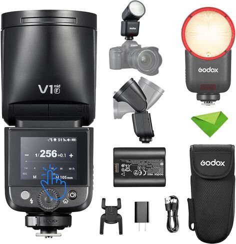 Godox V1 MID F TTL Flash for Fufjilm, Touchscreen Round Head Travel Flash | 1.7s Recycle, 650 Full Power Pops, 2W Modeling Lamp, TTL/HSS 1/8000s, V1MID F Lightweight Speedlite for Fuji X-T5 X100VI X-H2 in Kuwait