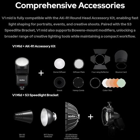 Godox V1 MID F TTL Flash for Fufjilm, Touchscreen Round Head Travel Flash | 1.7s Recycle, 650 Full Power Pops, 2W Modeling Lamp, TTL/HSS 1/8000s, V1MID F Lightweight Speedlite for Fuji X-T5 X100VI X-H2 in Kuwait