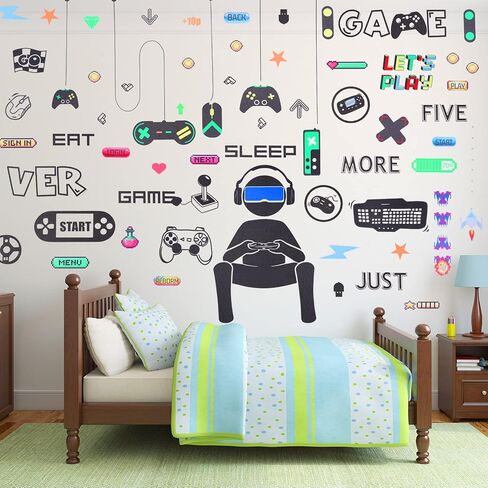 56 Pieces Gamer Wall Decals Gamer Wall Sticker Gaming Controller Joystick Wall Decals Removable Video Games Wall Stickers Game Boy Wall Art for Bedroom Playroom Decoration (Black White) in Kuwait