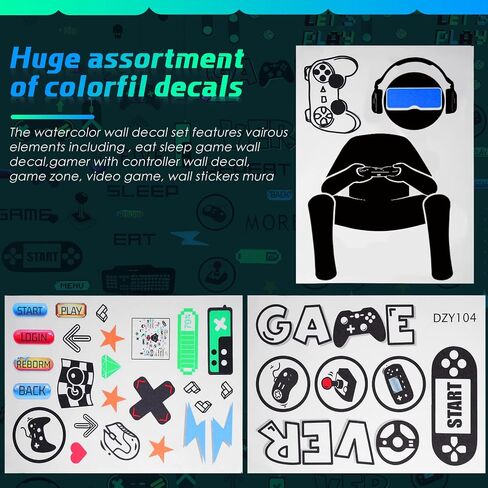 56 Pieces Gamer Wall Decals Gamer Wall Sticker Gaming Controller Joystick Wall Decals Removable Video Games Wall Stickers Game Boy Wall Art for Bedroom Playroom Decoration (Black White) in Kuwait