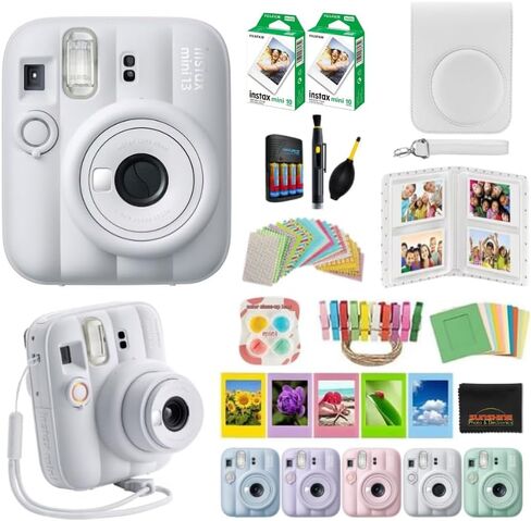 Fujifilm Instax Mini 13 Instant Camera Bundle White with 20 Instax Mini Film Sheets, Camera Case, Photo Album, Rechargeable AA Batteries, Smart Charger, Cleaning Kit, Photo Frames & Accessories in Kuwait