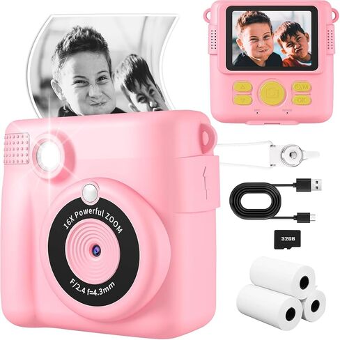Kids Camera Instant Print, Safe Toddler Camera, HD Digital Cameras 16X Digital Zoom & 32G SD Card, 2.4‘’Screen Instant Print Cameras for Kids, 4 5 6 7 8 9 10 Year Old Girl & Boy Birthday Gifts, Pink in Kuwait